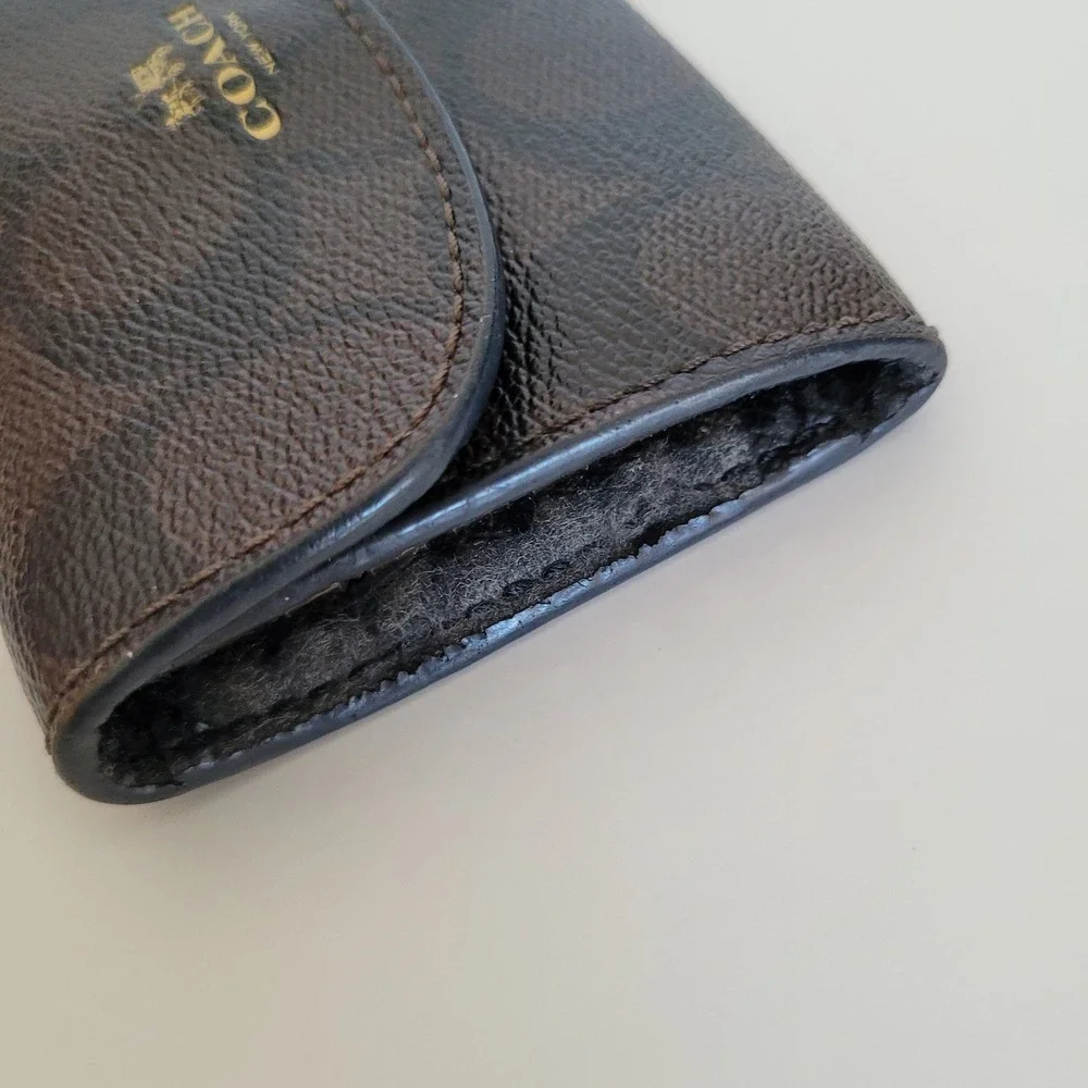 Coach Signature Monogram 6 Ring Key Case Brown Black Coated Canvas Wallet